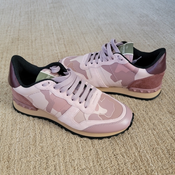New Valentino Garavani Pink Camo Rockrunner Rockstud Sneakers, Size 37